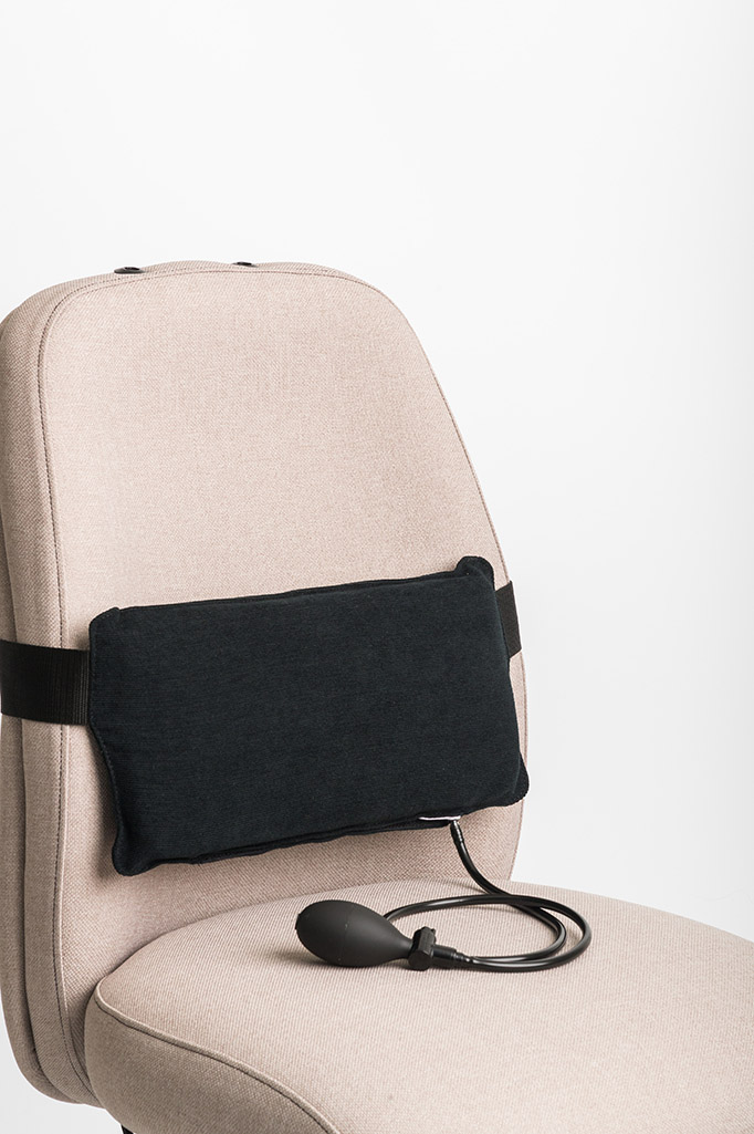 Actyv portable large lumbar support fitted to a chair backrest with inflation bulb