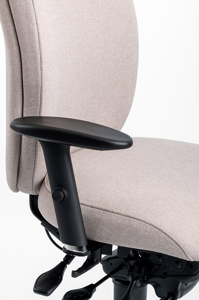 Close-up of Ergochair 1-2-3-4 armrest in raised position fitted to a beige ergonomic chair