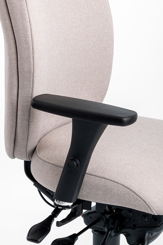 Close-up of Ergochair 1-2-3-4 armrest in lowered position fitted to a beige ergonomic chair