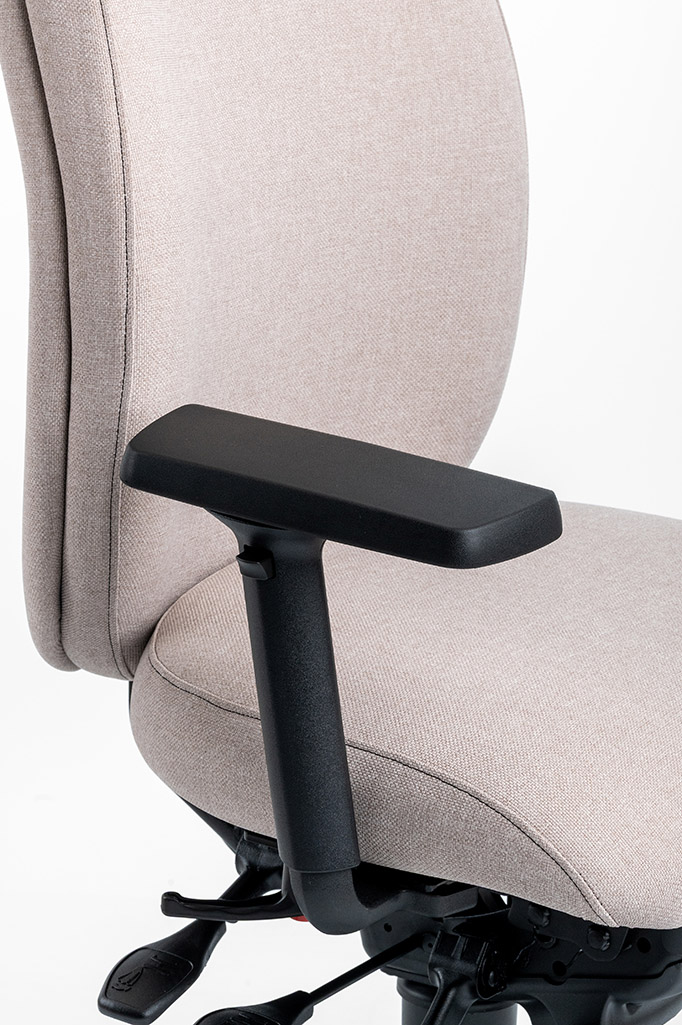Close-up of Ergochair HAA height adjustable armrest fitted to a beige ergonomic chair