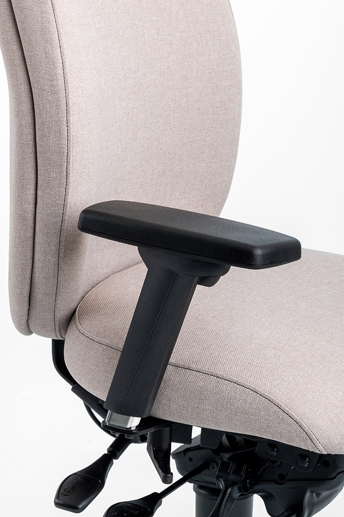 Close-up of Ergochair HAA height adjustable armrest fitted to a beige ergonomic chair, angled view