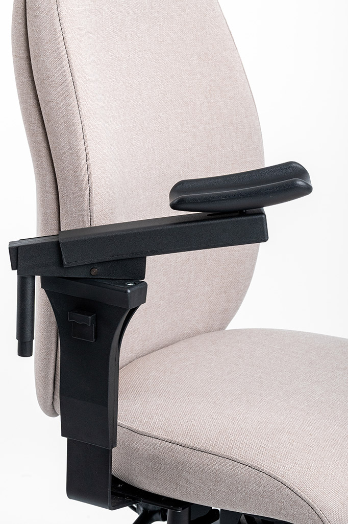 Close-up of Ergochair 4D armrest extended outward on a beige ergonomic chair