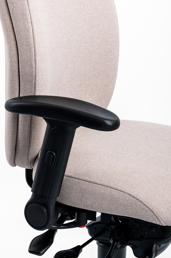 Close-up of Ergochair 3D trigger armrest fitted to a beige ergonomic chair, side view