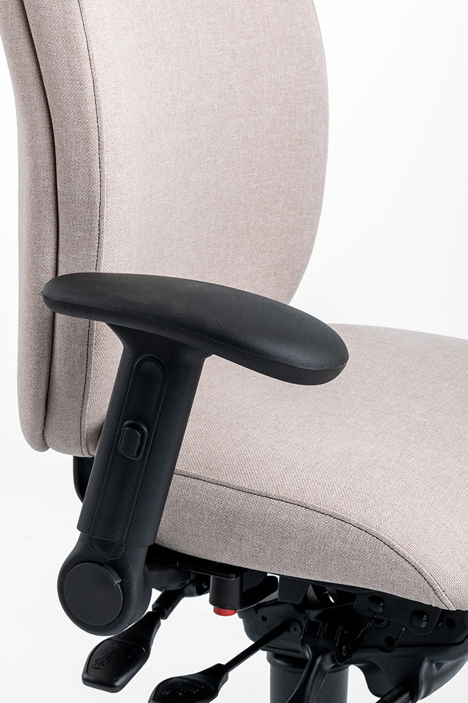 Close-up of Ergochair 3D trigger armrest fitted to a beige ergonomic chair, angled view