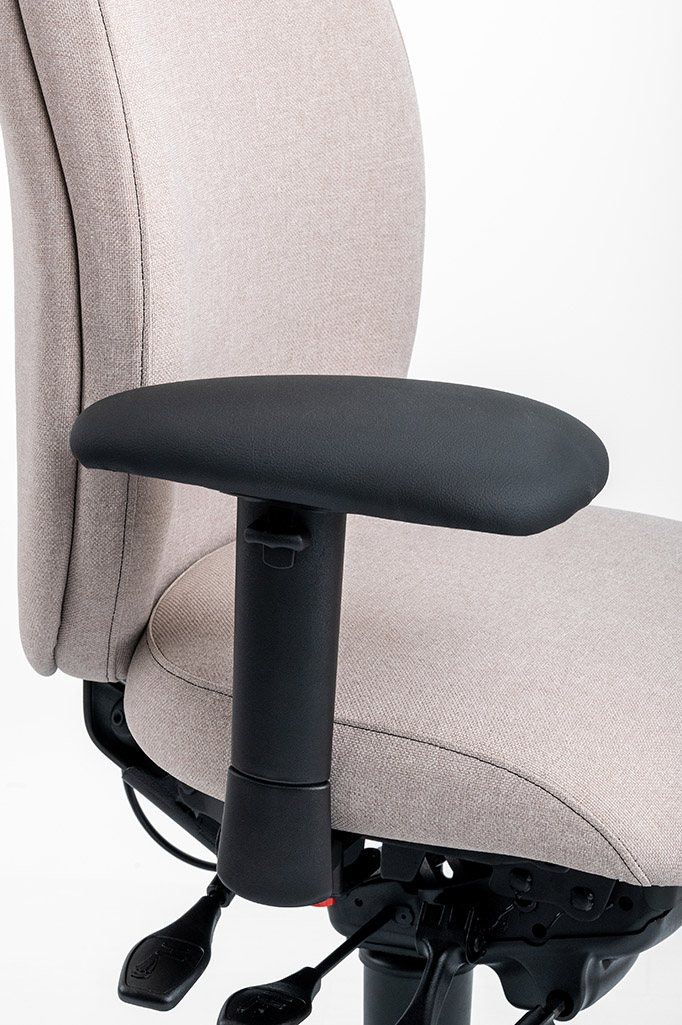 Close-up of Ergochair rotating armrest with upholstered arm pad on a beige ergonomic chair