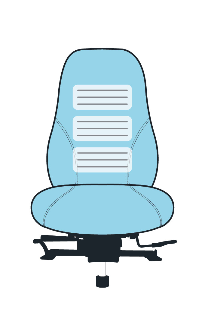 Ergochair seat illustration showing three heated pad positions on the backrest