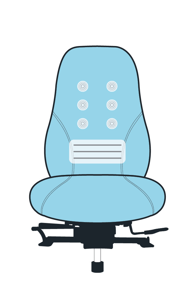 Ergochair ErgoDriver seat illustration showing massage system and heat pad positions