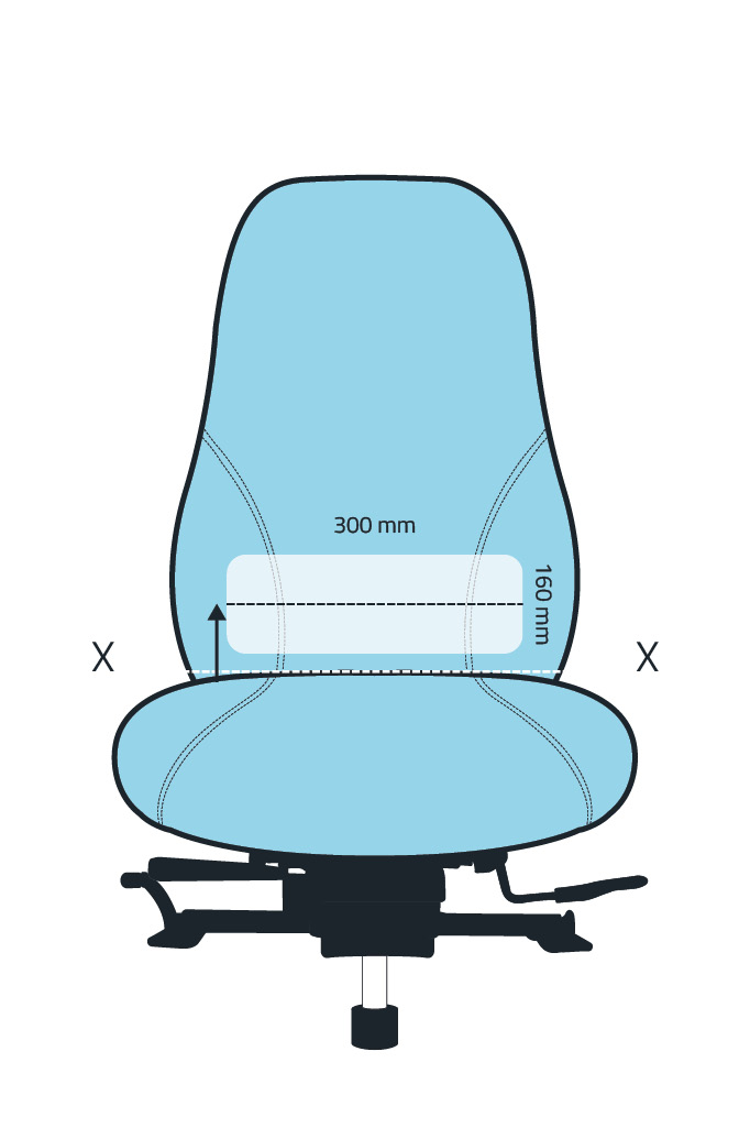 Ergochair ErgoDriver sacral cell positioning diagram showing 300mm x 160mm placement zone