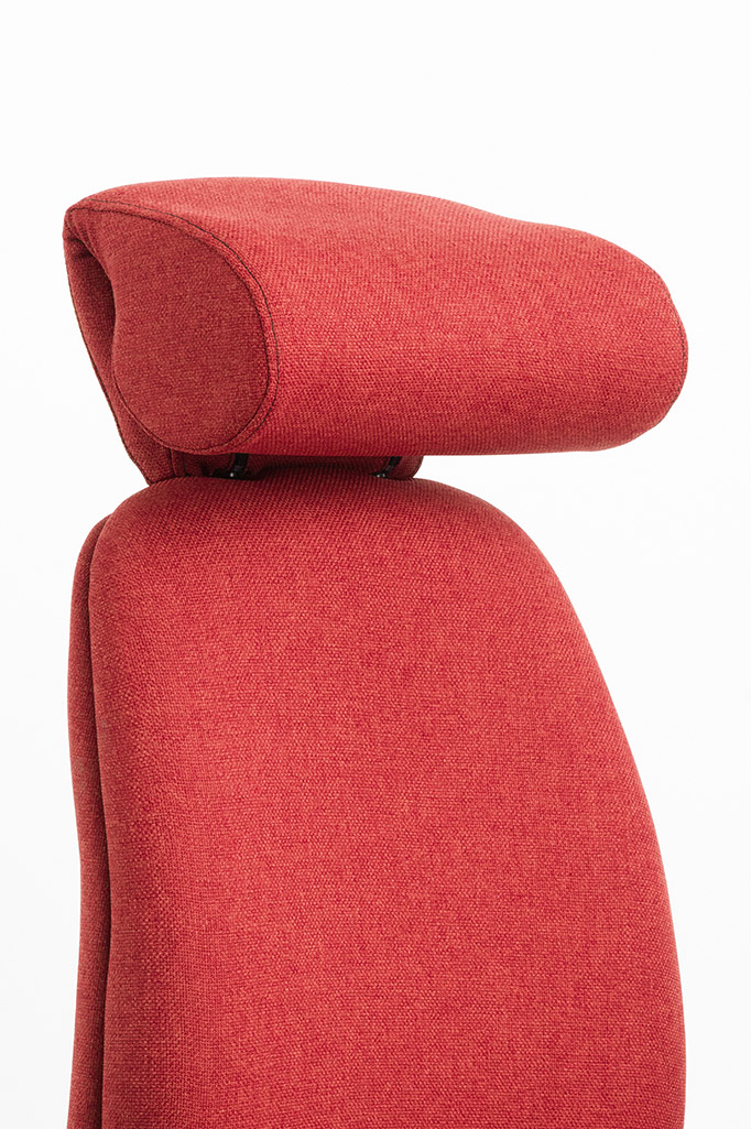Close-up of Ergochair V-Rest head and neck support in red upholstery fitted to chair backrest